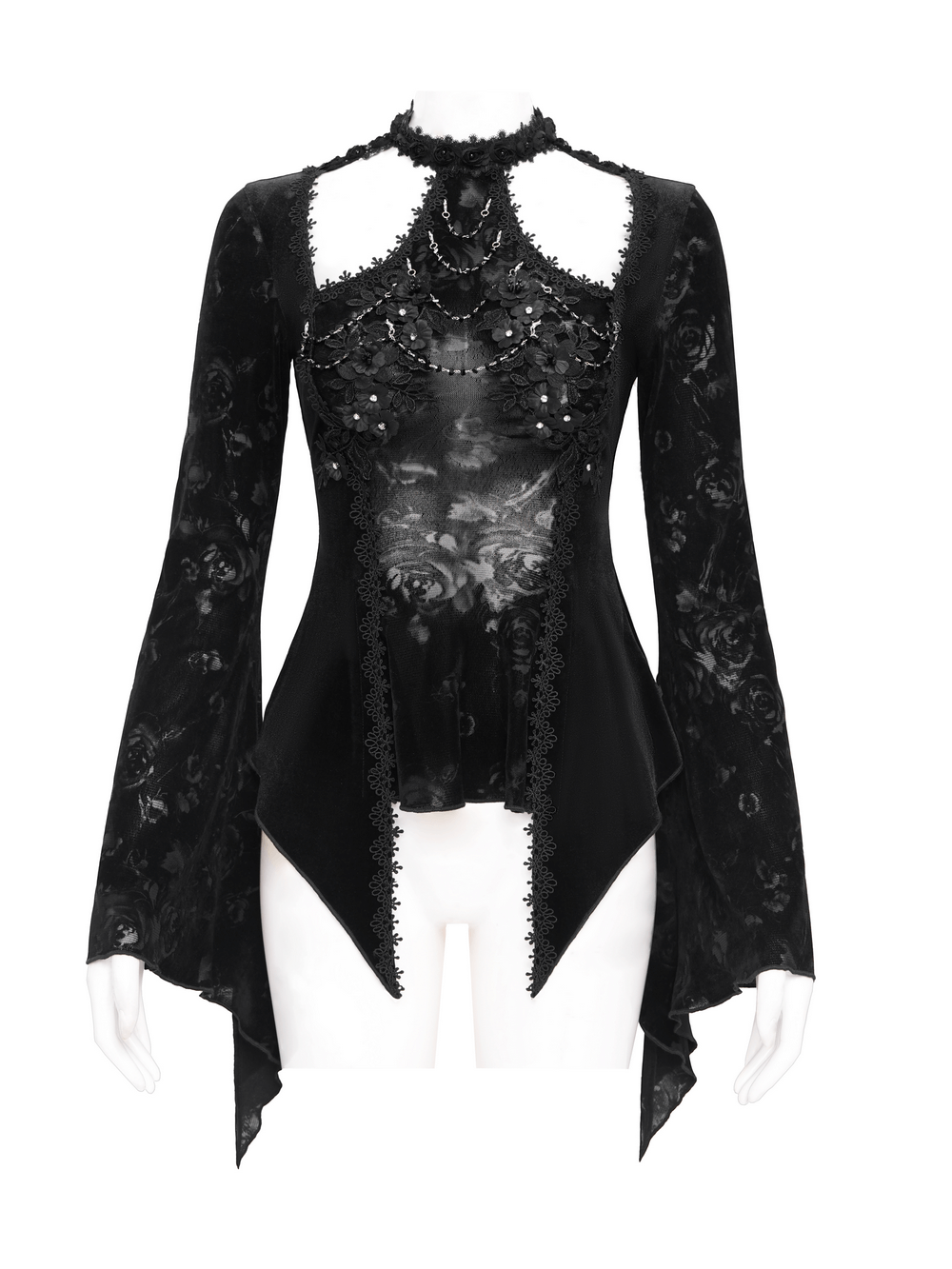Chic Gothic lace long-sleeved top with pearls and rose pattern, perfect for dark elegant outfits.
