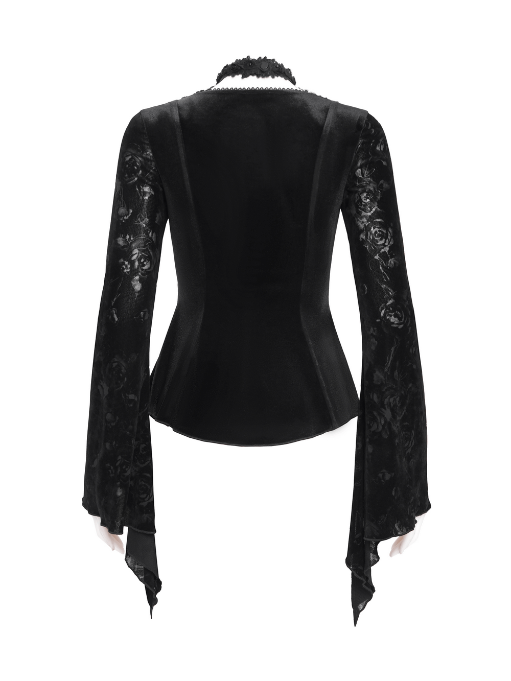 Back view of a chic black lace long-sleeved top with rose pattern and pearl embellishments.