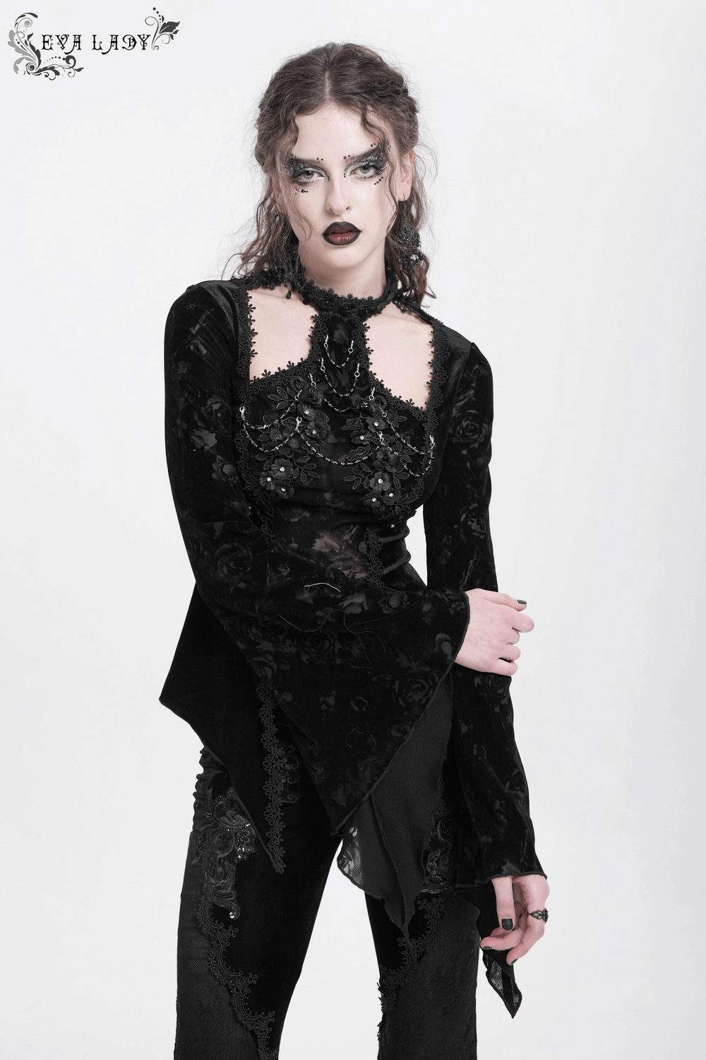 Elegant gothic long-sleeved top with lace details and pearl embellishments for dark, sophisticated style.