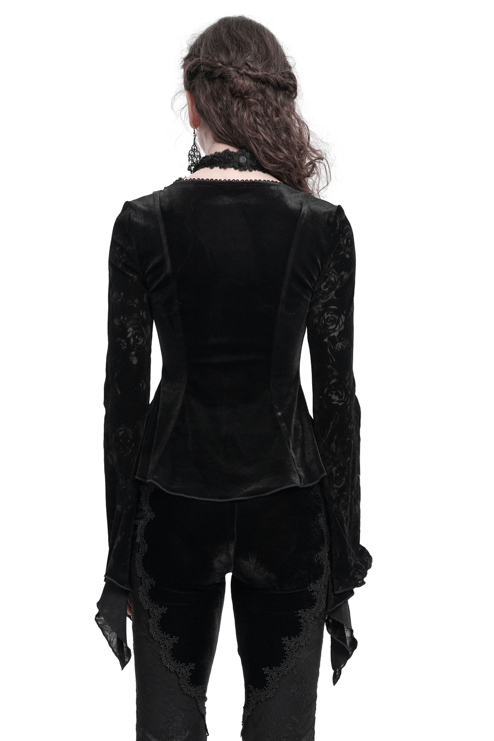 Back view of a chic black lace long-sleeved gothic top with pearl details and rose pattern.