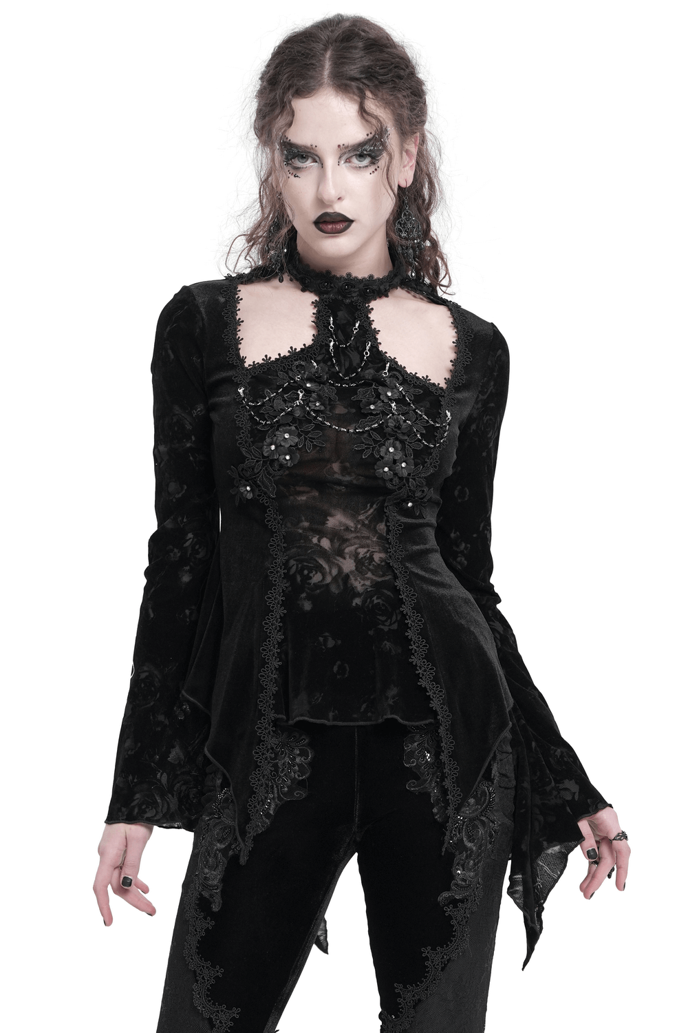 Chic lace long-sleeved gothic top with pearls and rose pattern, perfect for dark elegance and sophisticated outfits.