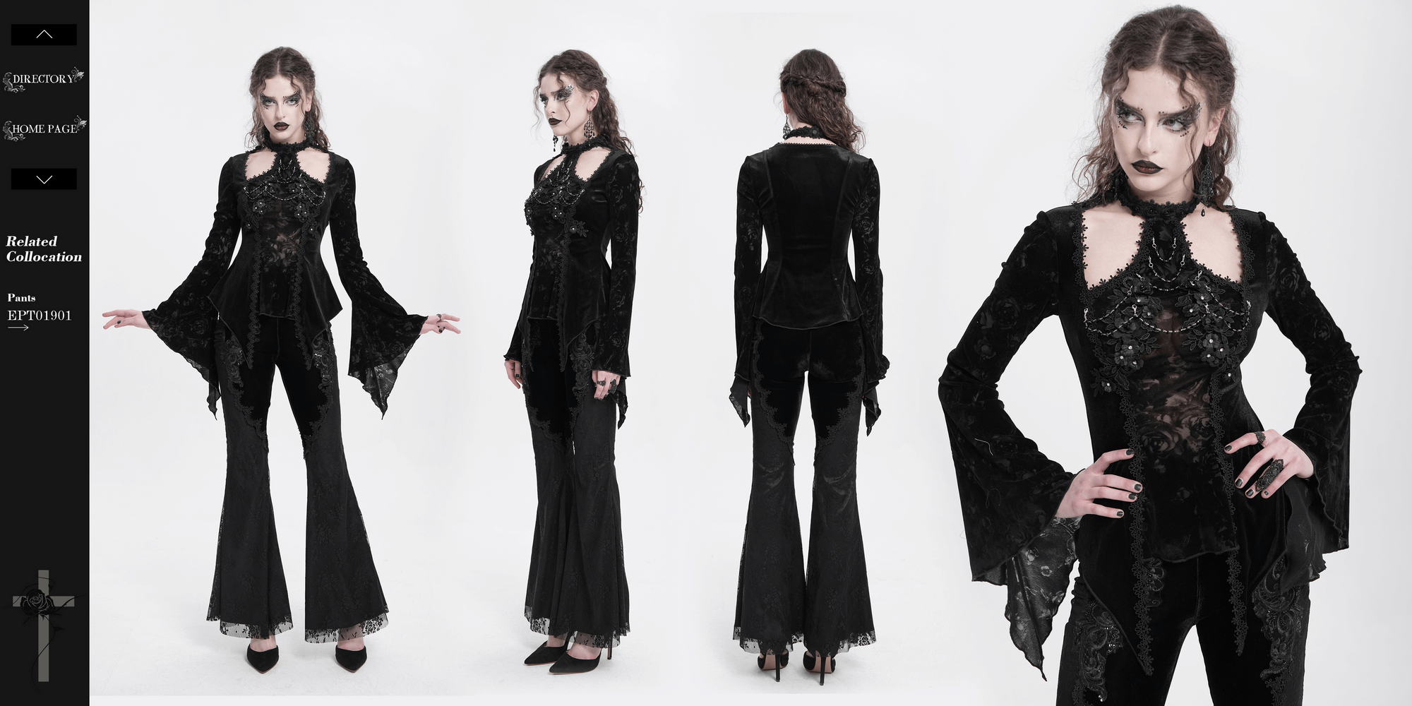 Chic long-sleeved gothic top with lace, pearls, and rose pattern, styled for dramatic elegance.
