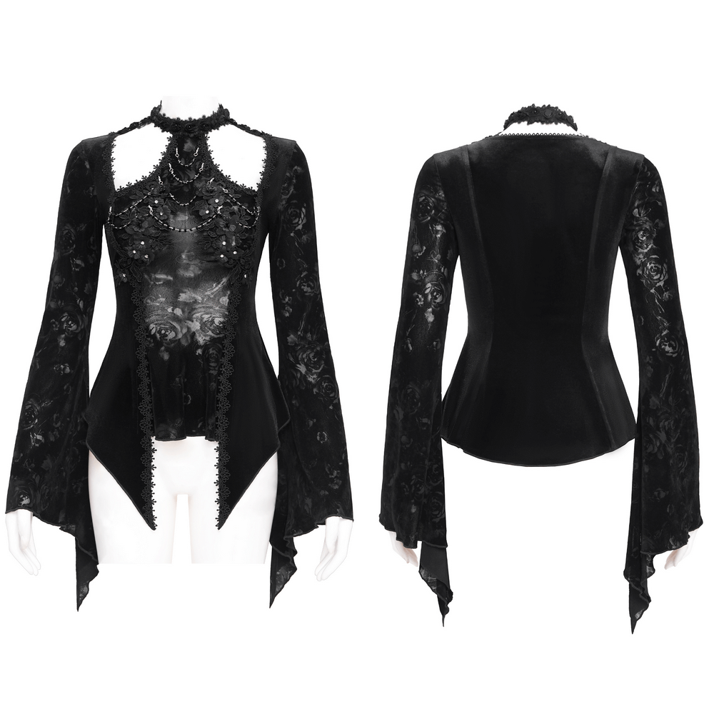 Chic black lace long-sleeved gothic top with pearl embellishments and rose pattern, front and back view.