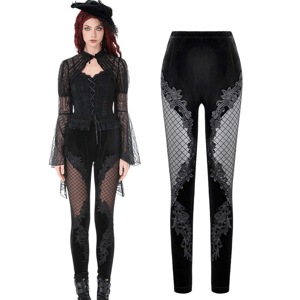 Chic Lace Mesh Panel Leggings with Floral Embroidery showcased against a gothic outfit, featuring sheer mesh and floral lace details.