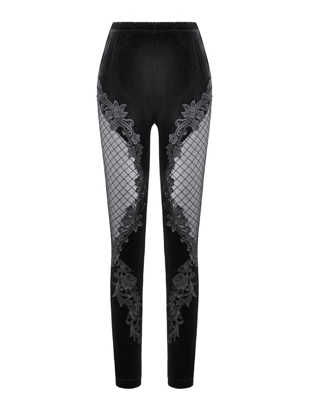 Chic Lace Mesh Panel Leggings with Floral Embroidery featuring sheer mesh and ornate floral designs.