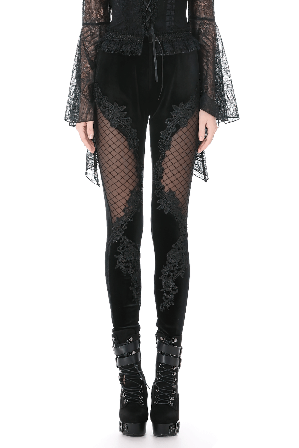 Chic Lace Mesh Panel Leggings with Floral Embroidery featuring sheer mesh and floral lace details.