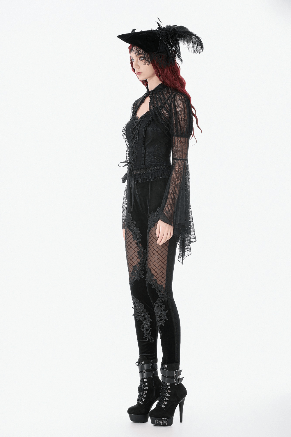 Chic Lace Mesh Panel Leggings with Floral Embroidery worn by a model in gothic attire with black hat and stylish boots.