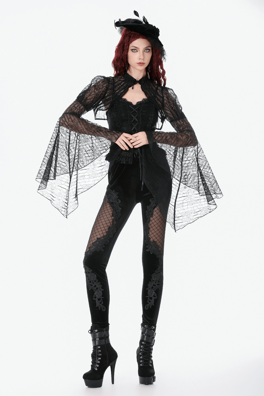 Chic Lace Mesh Panel Leggings with Floral Embroidery paired with gothic top and dramatic accessories.