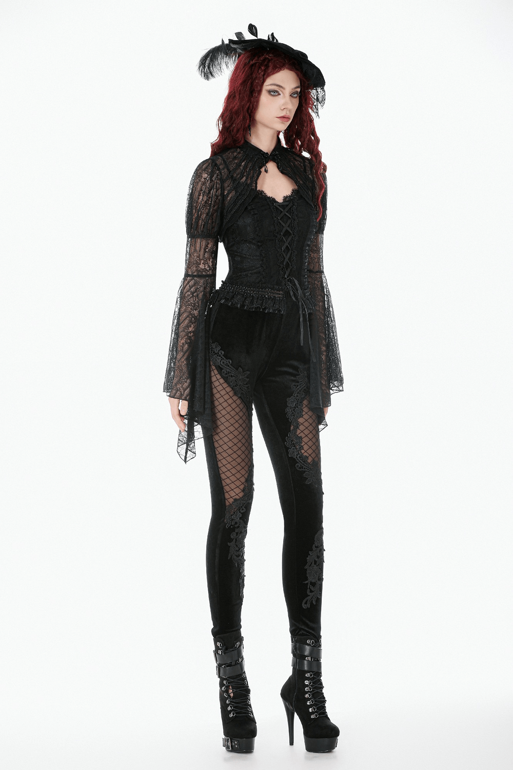Chic Lace Mesh Panel Leggings with Floral Embroidery styled with a black gothic top and dramatic platform boots.