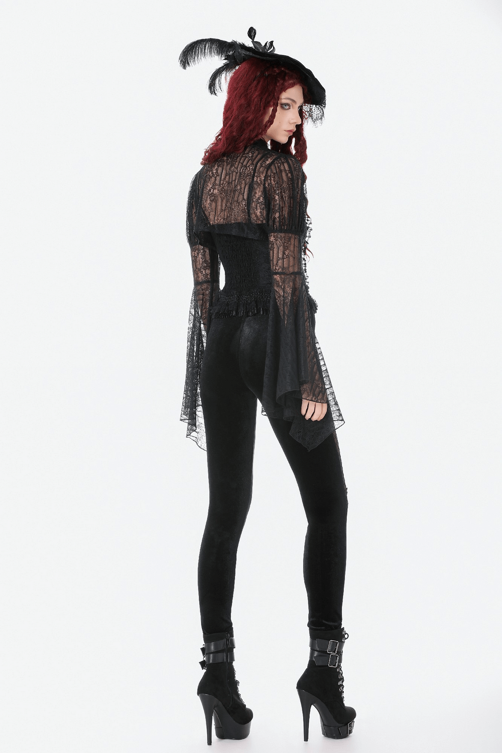 Chic Lace Mesh Panel Leggings with Floral Embroidery paired with a black lace top and feathered hat, stylish gothic fashion.