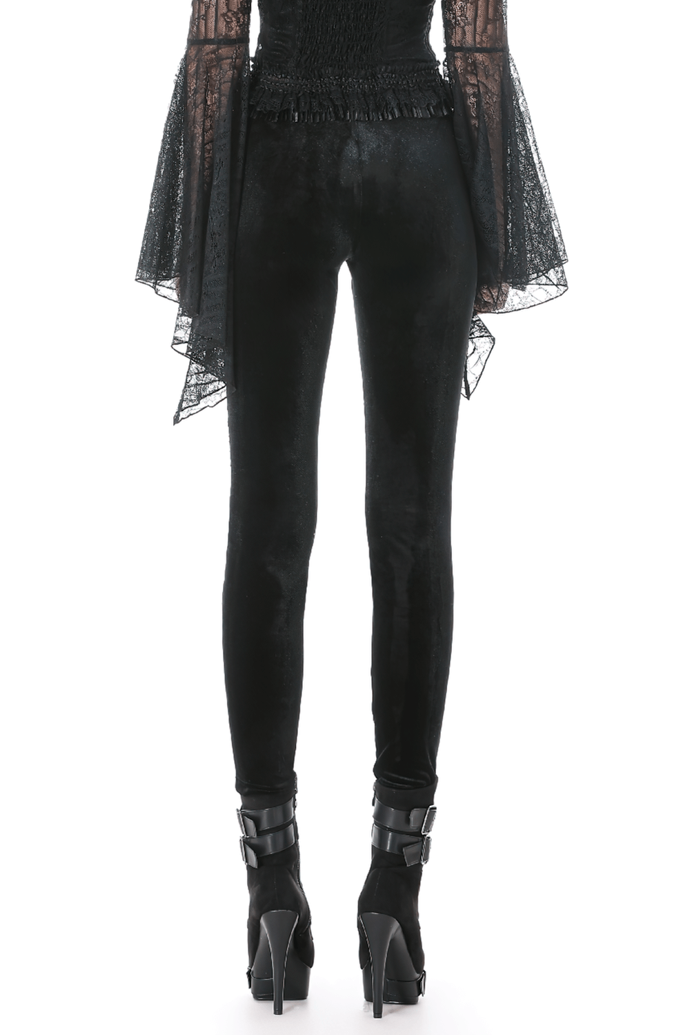 Chic Lace Mesh Panel Leggings with Floral Embroidery showcasing a dramatic back view, perfect for gothic styling.