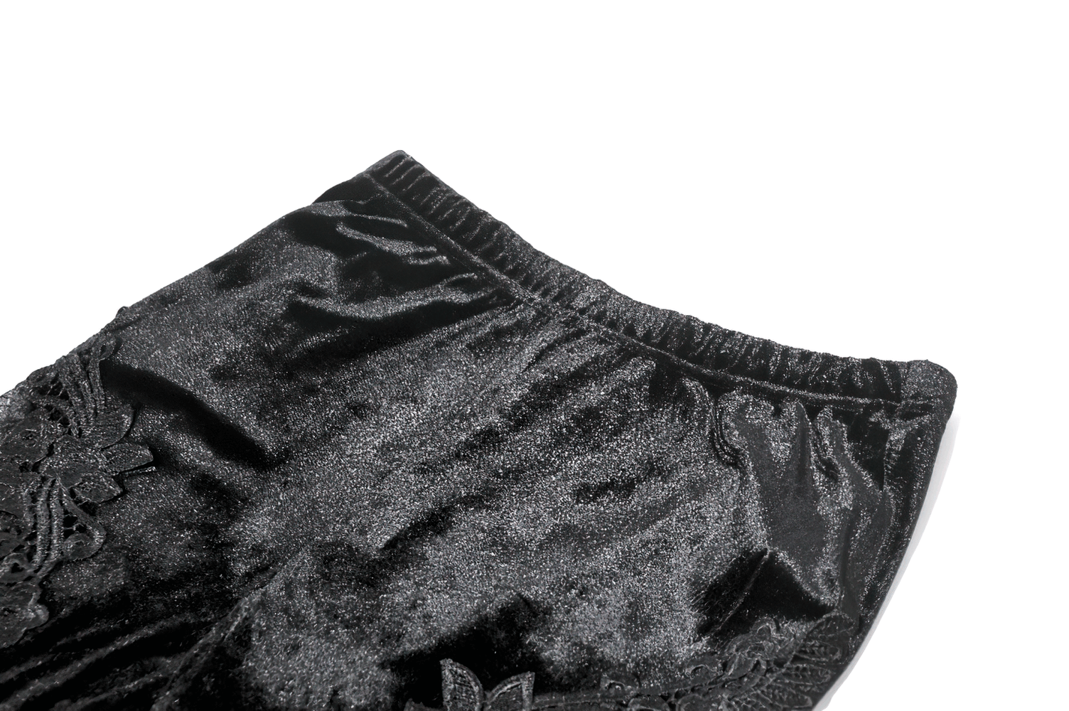 Chic Lace Mesh Panel Leggings with Floral Embroidery showcasing elegant lace and rich velvet texture.