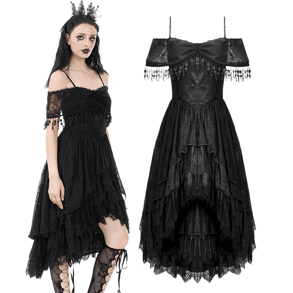 Chic Lace Off-Shoulder Dress with Corset and Ruffle Details worn by a model, featuring black lace and ruffled layers.