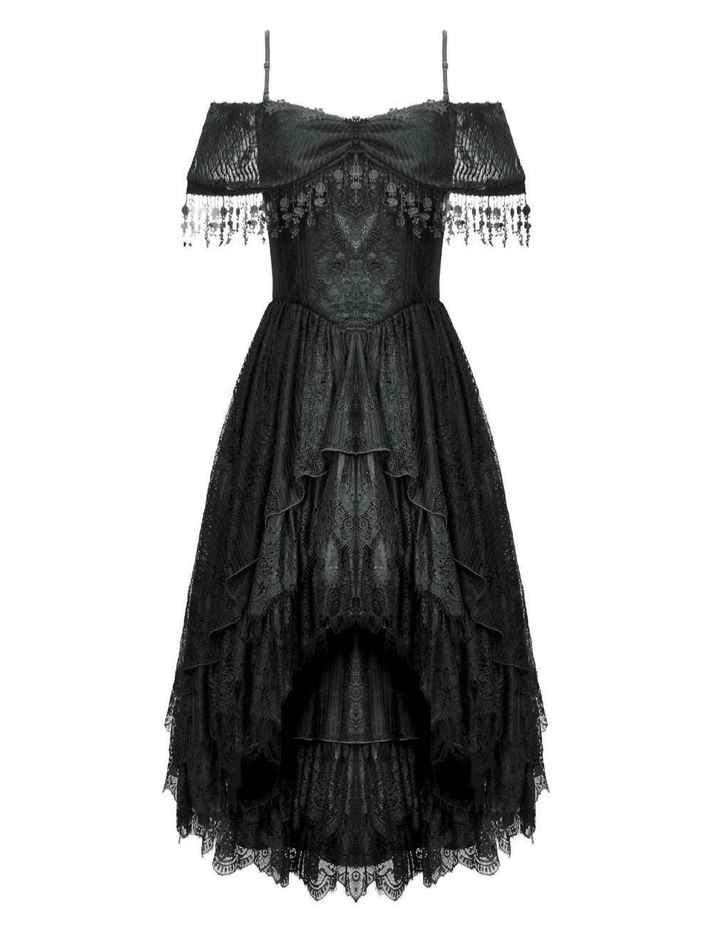 Chic Lace Off-Shoulder Dress with Corset and Ruffle Details in elegant black lace, featuring adjustable straps and ruffled hem.