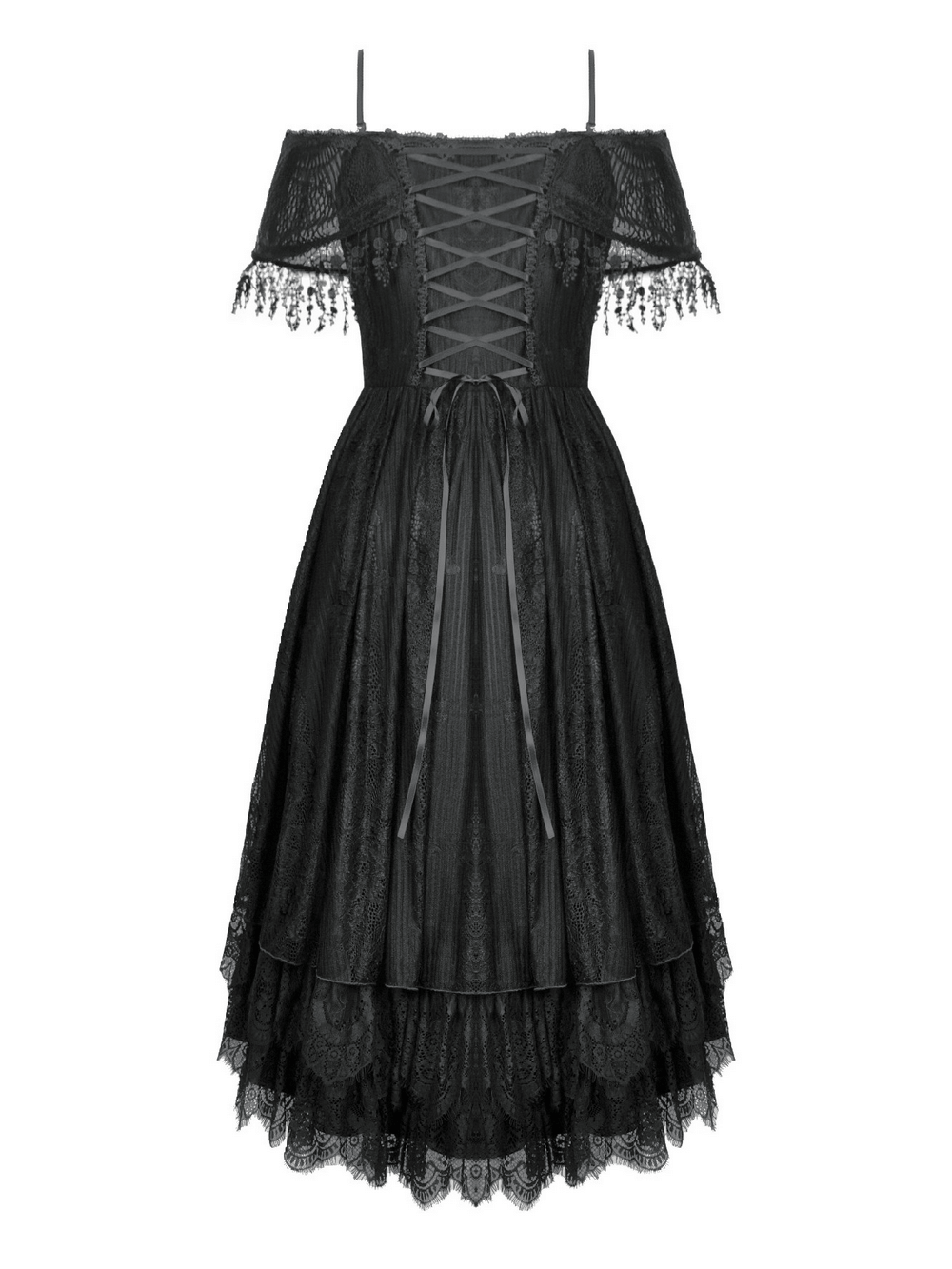 Chic Lace Off-Shoulder Dress with Corset and Ruffle Details featuring adjustable straps and ruffled hem.