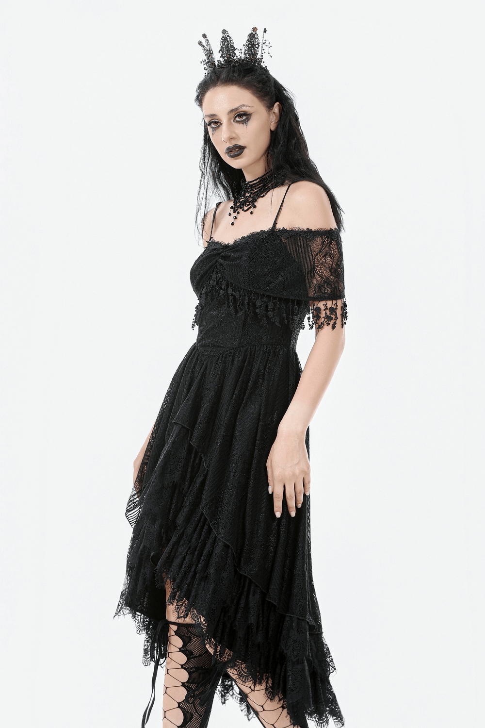 Chic Lace Off-Shoulder Dress with Corset and Ruffle Details worn by model showcasing gothic fashion.