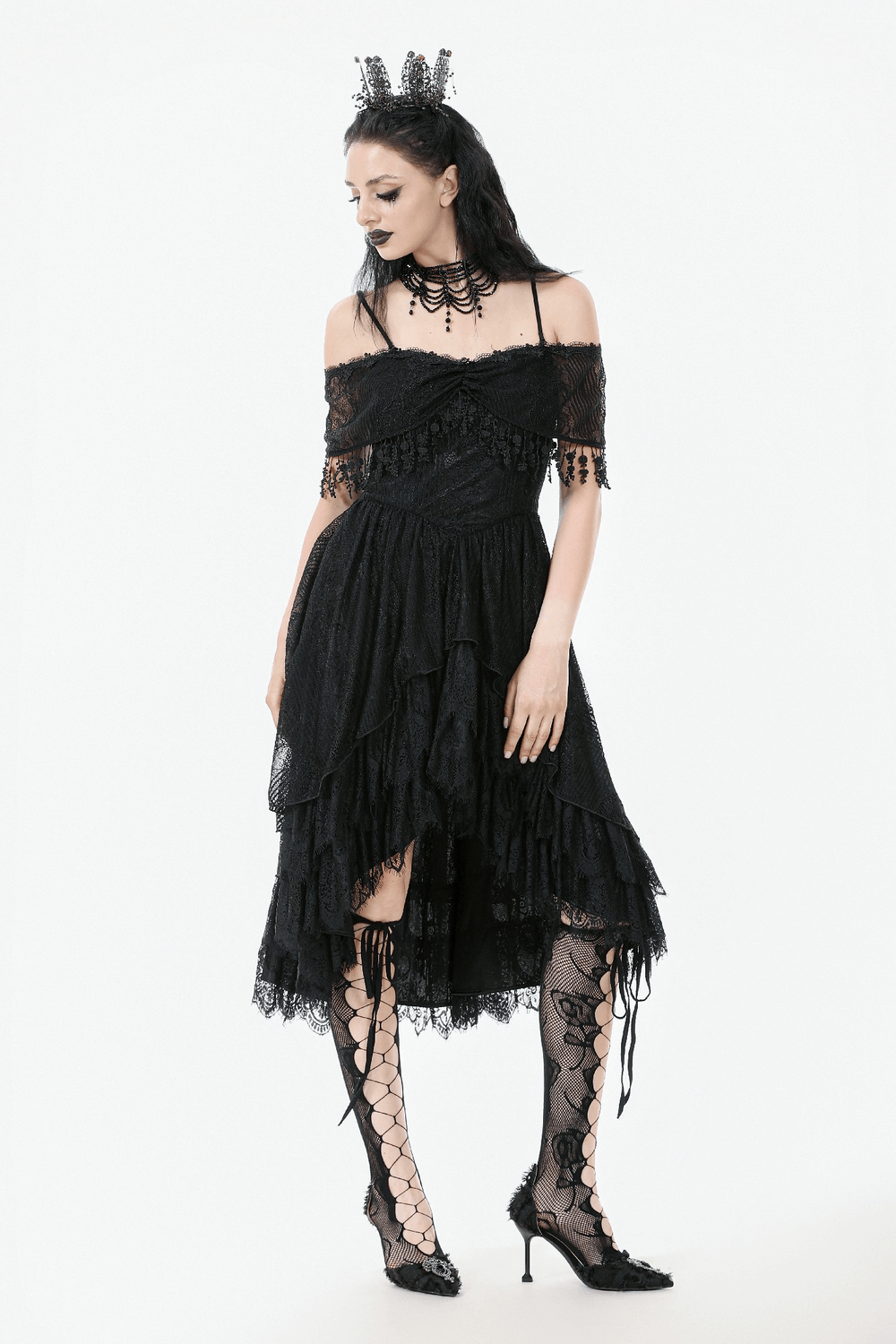 Chic Lace Off-Shoulder Dress with Corset and Ruffle Details worn by model with gothic accessories