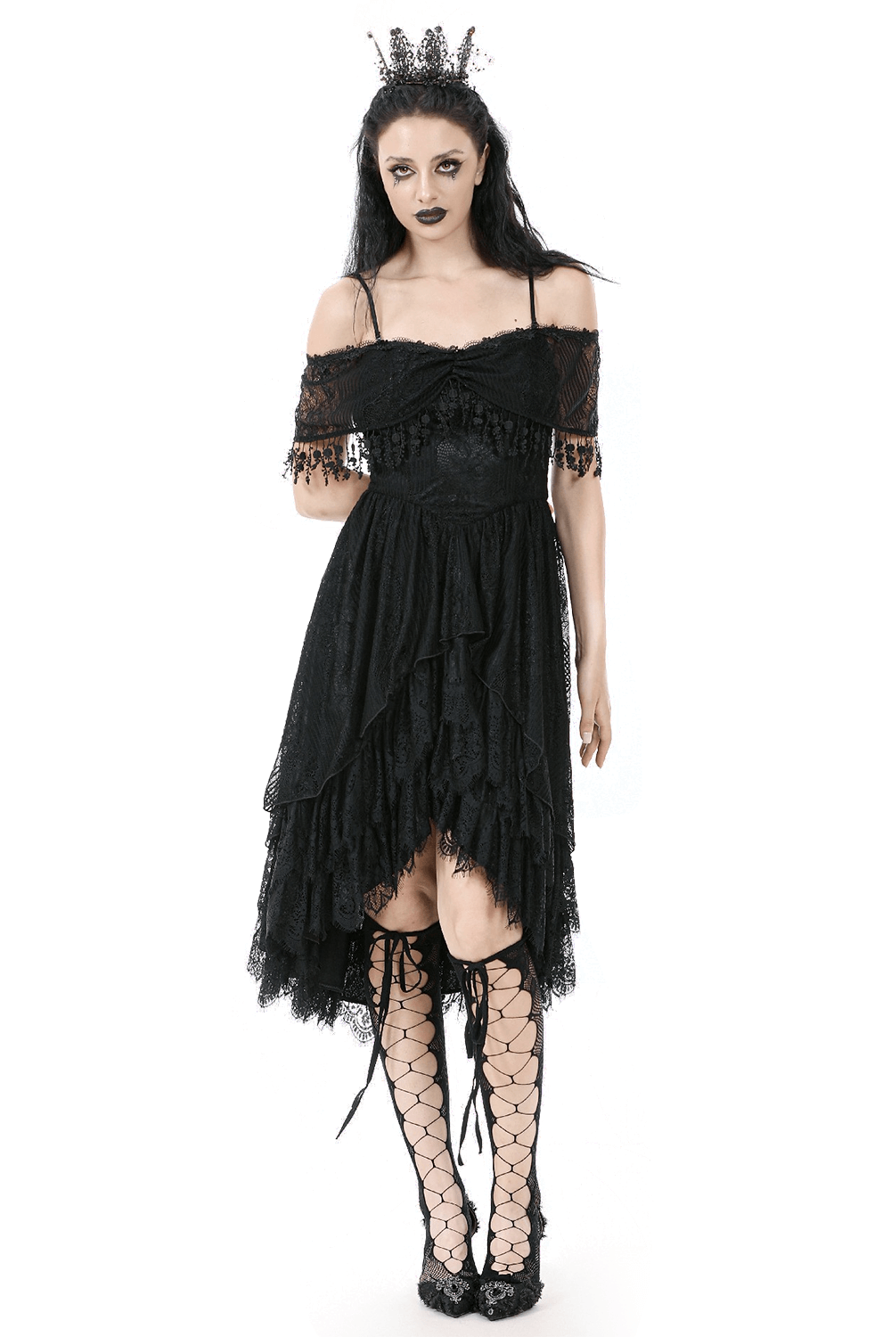 Chic Lace Off-Shoulder Dress with Corset and Ruffle Details worn by model, featuring lace overlay and ruffled hem.