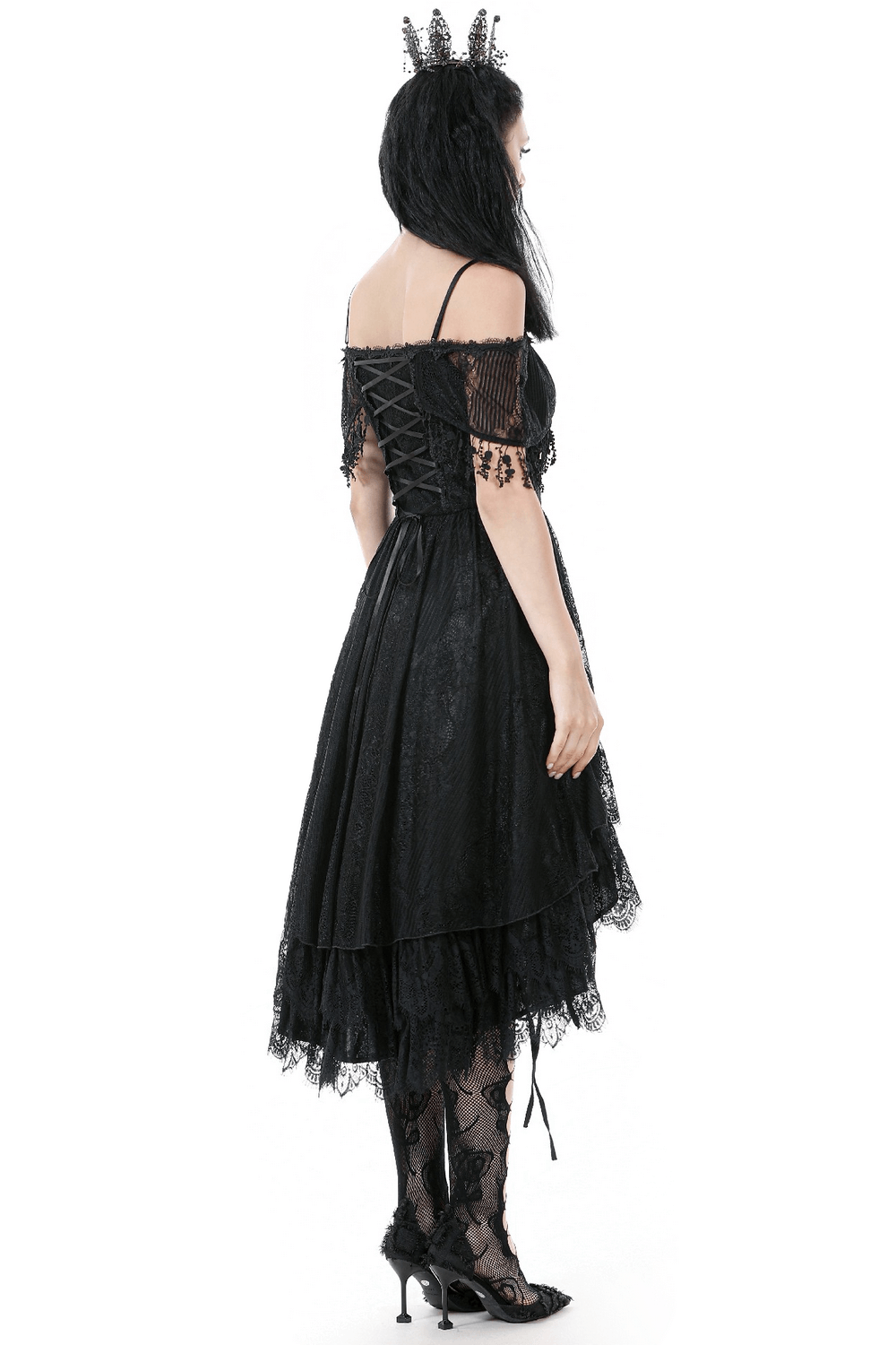 Chic Lace Off-Shoulder Dress with Corset and Ruffle Details showcasing the elegant lace and ruffled design from the back.