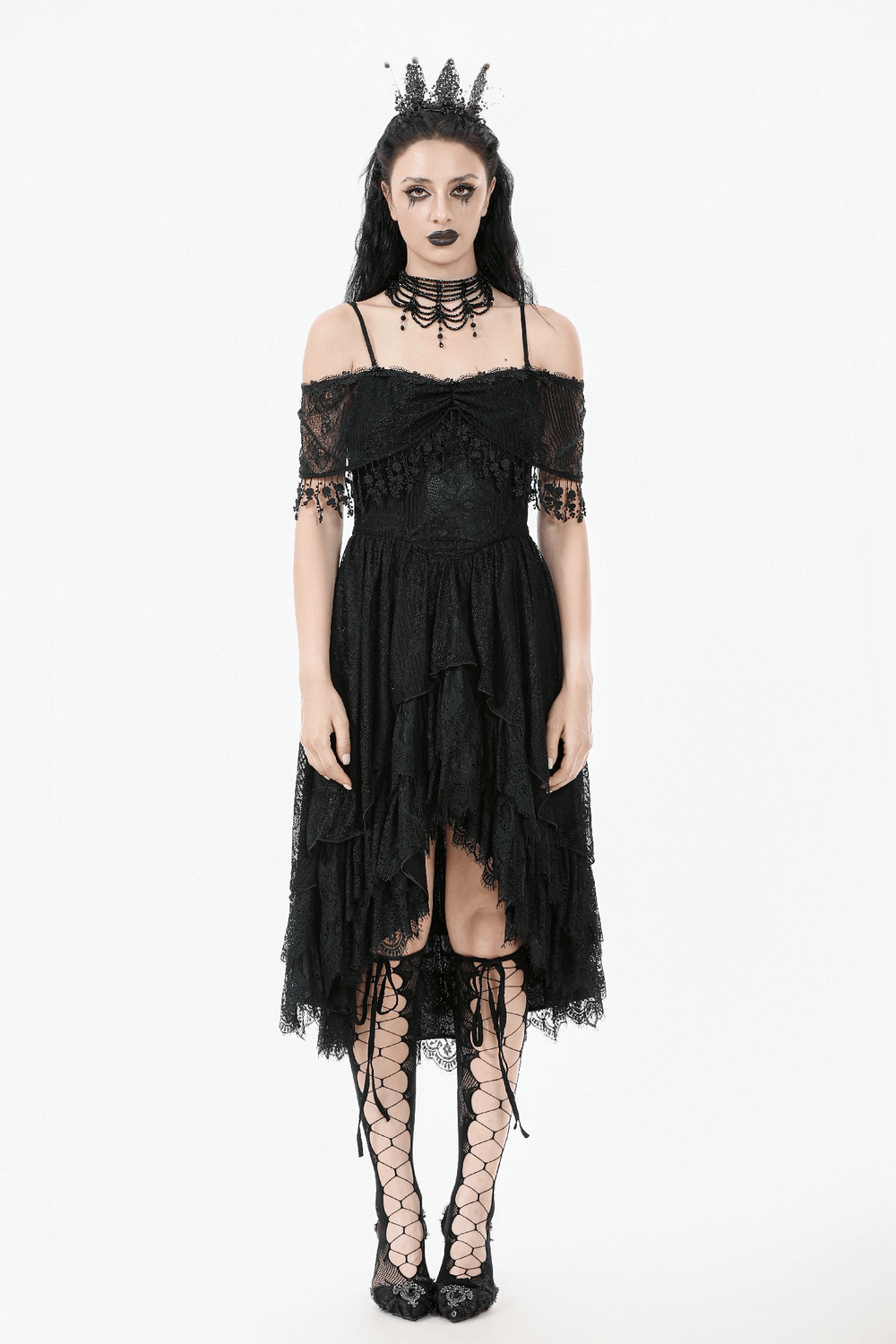 Chic Lace Off-Shoulder Dress with Corset and Ruffle Details worn by model with gothic accessories.