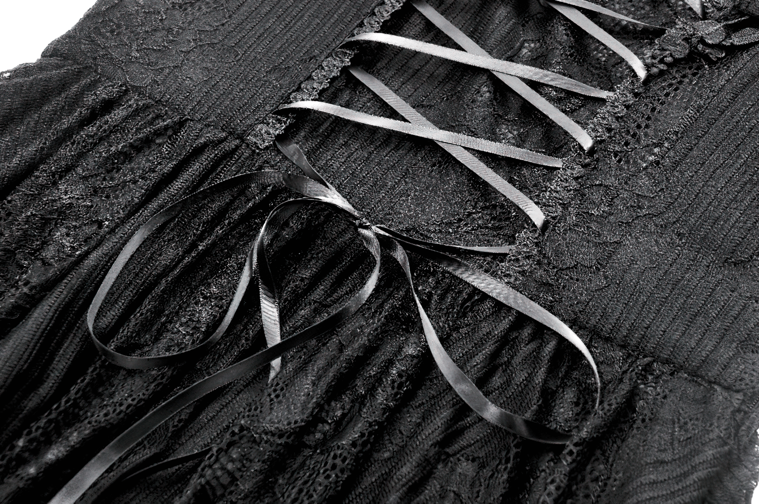 Chic Lace Off-Shoulder Dress with Corset and Ruffle Details featuring intricate lace and ribbon lacing design.