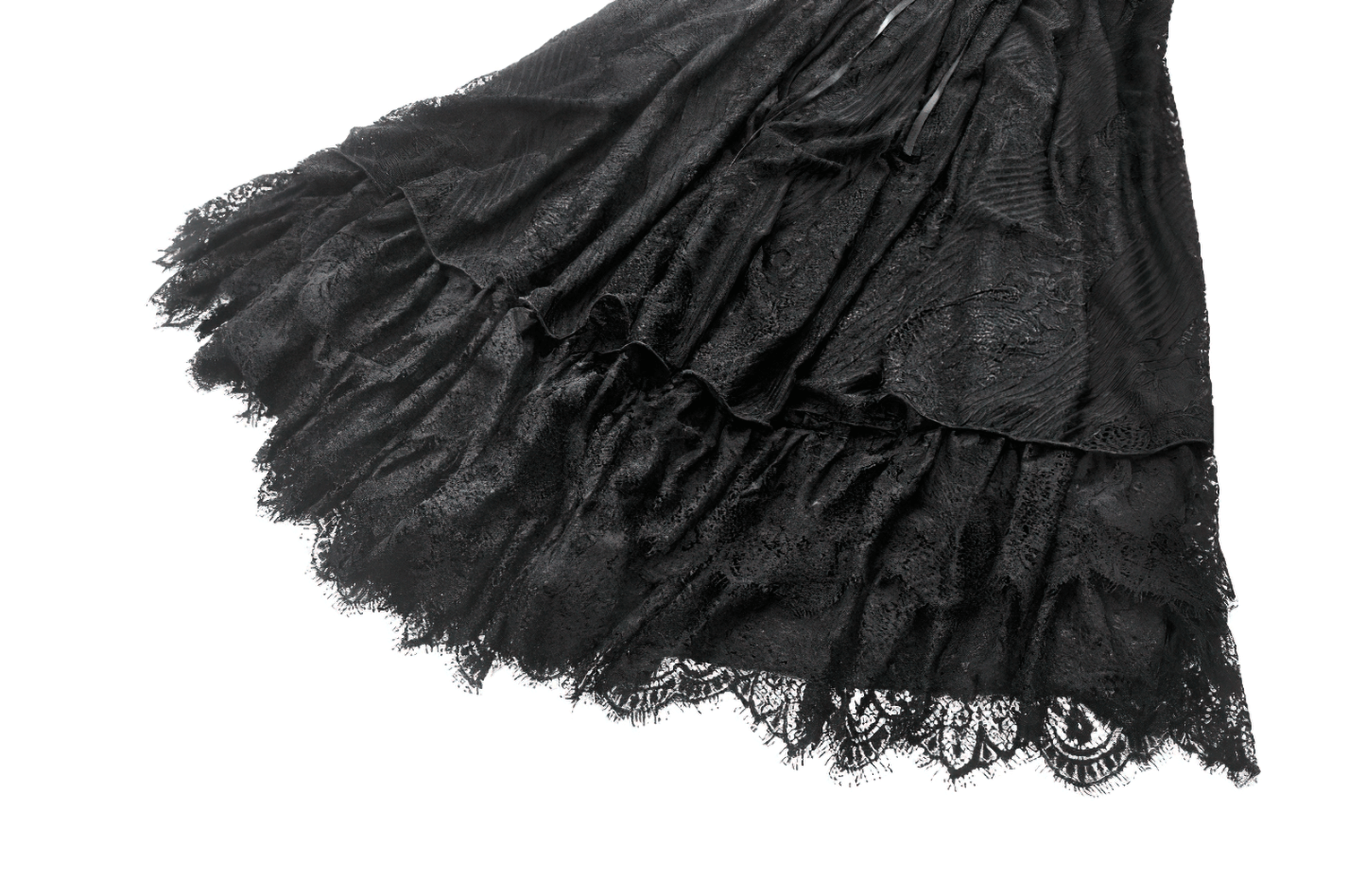 Chic Lace Off-Shoulder Dress with Corset and Ruffle Details showcasing elegant black lace and ruffled hem layers.