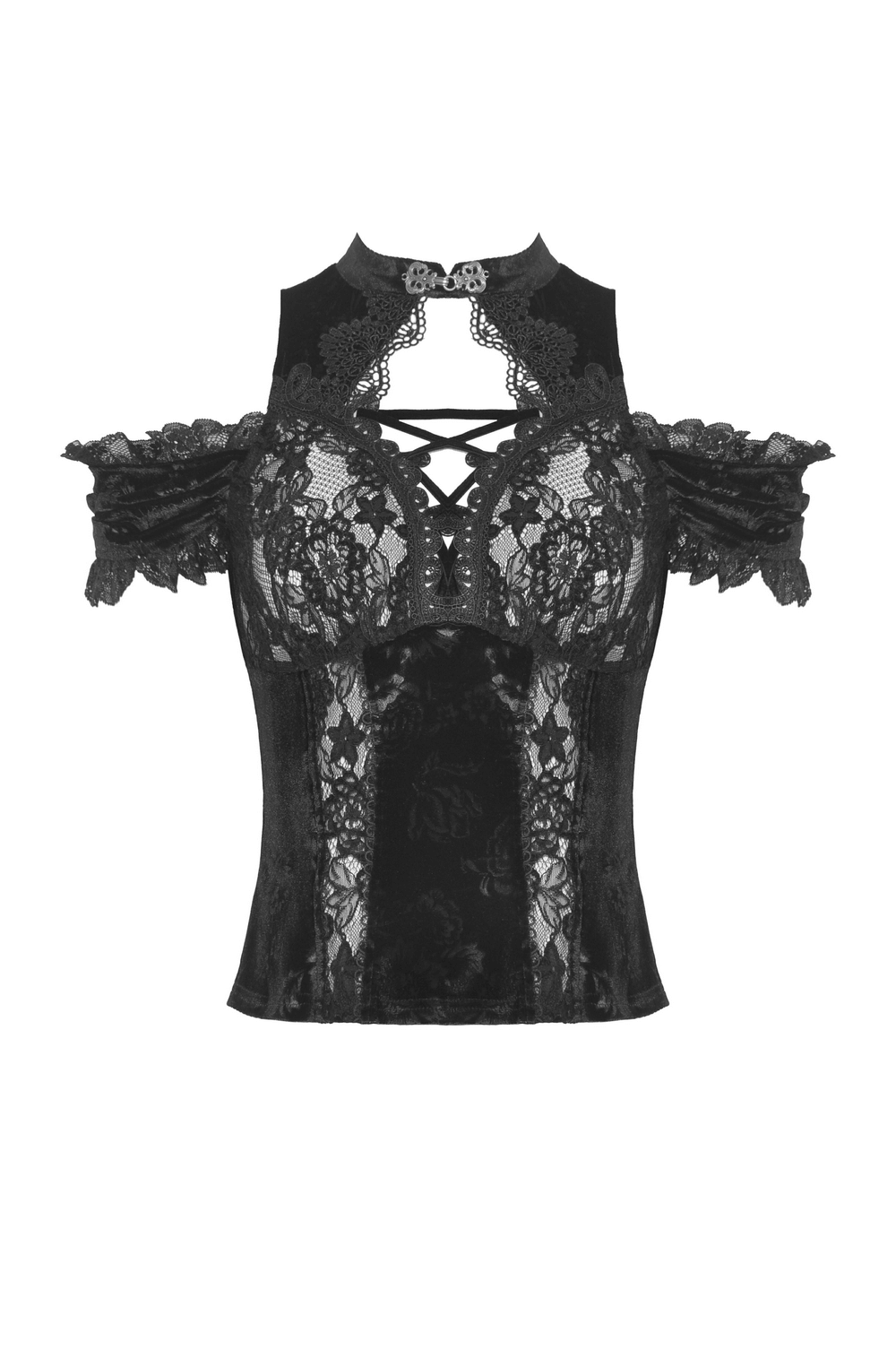 Chic black lace off-the-shoulder top with intricate patterns and modern cold shoulder design.