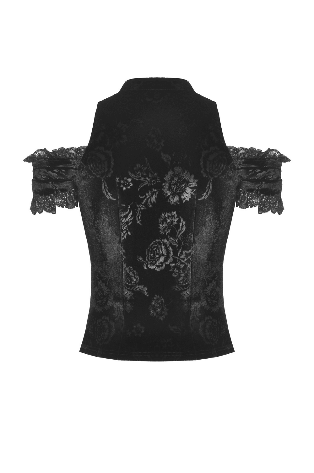 Chic black lace off-the-shoulder top with intricate floral patterns for elegant styling.