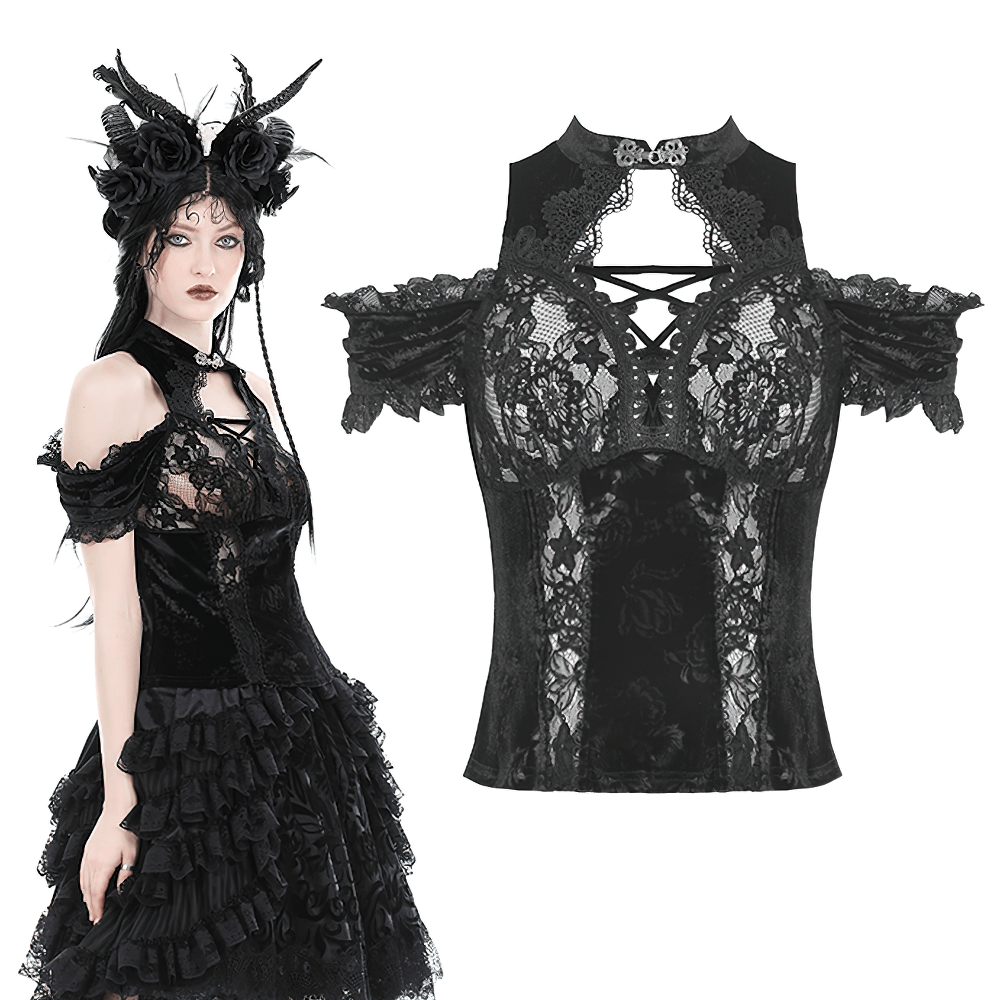 Chic cold shoulder black lace top featuring intricate patterns and a modern design, perfect for stylish ensembles.