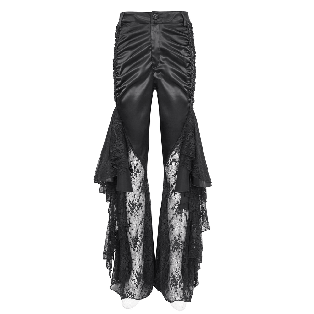 Gothic black lace-paneled flared pants with dramatic ruffles for women, perfect for evening wear.