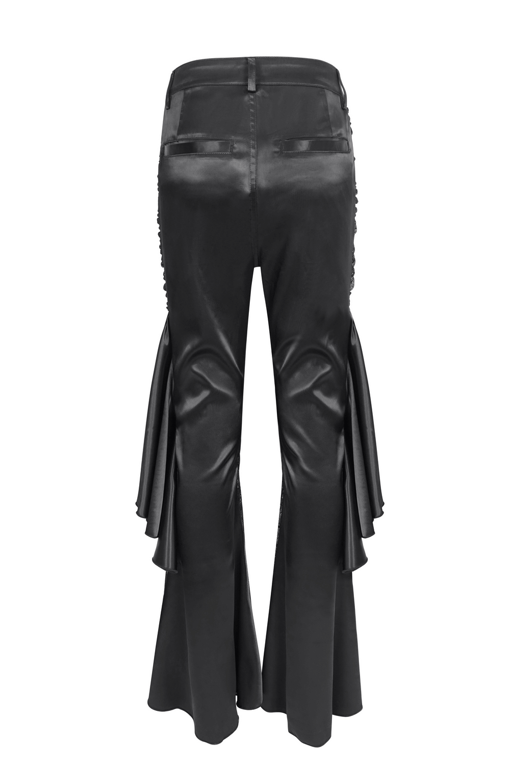 Back view of chic lace-paneled black flared pants with ruffles for a gothic-inspired evening look.
