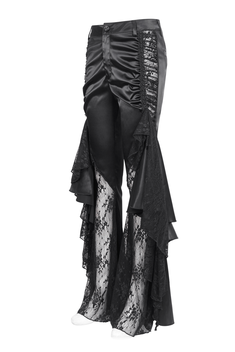 Gothic black lace-paneled flared pants with dramatic ruffles for a chic evening look.