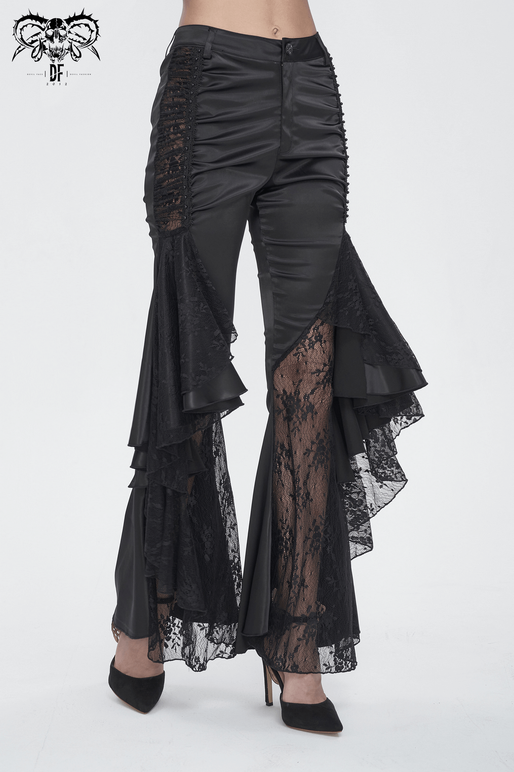 Chic Lace-Paneled Ruffle Flared Pants for Evenings