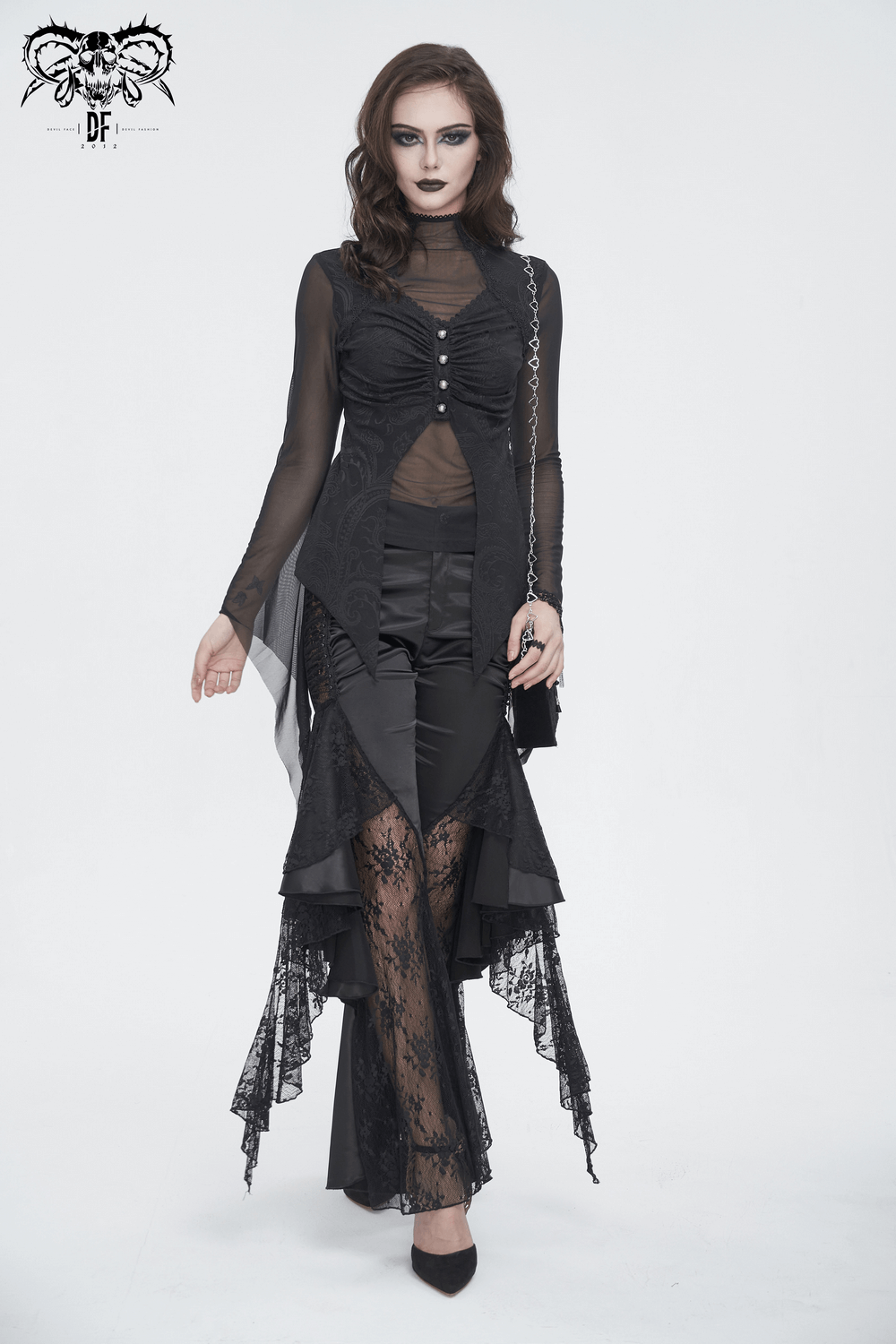 Gothic black lace-paneled flared pants with layered ruffles for a dramatic evening look.