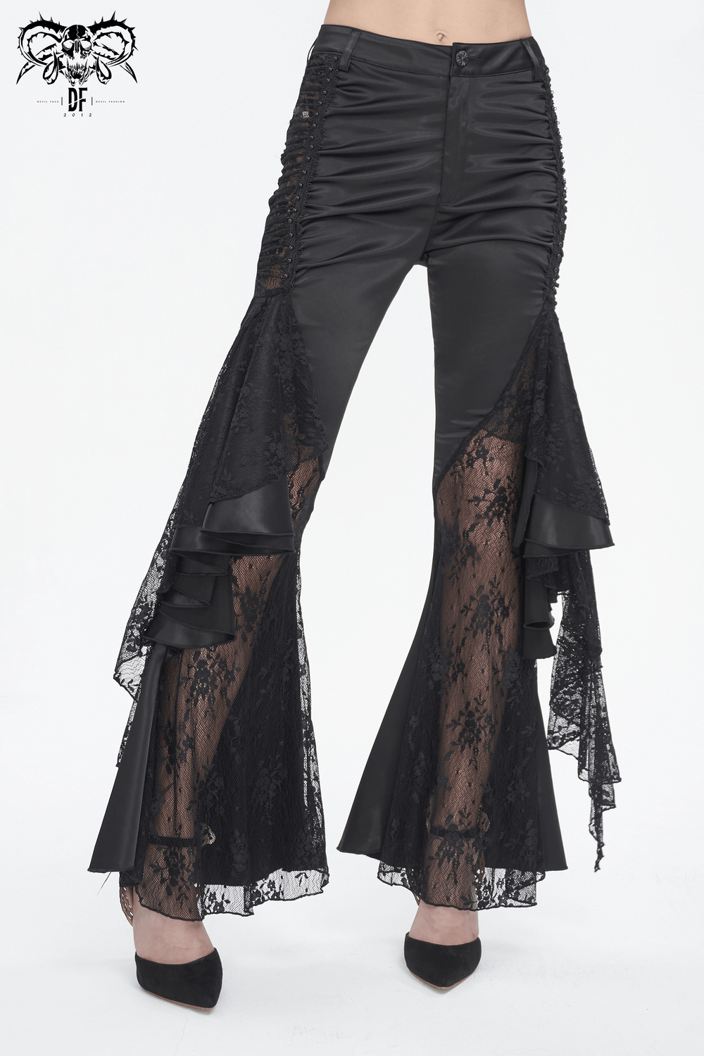 Gothic black flared pants with lace trim and ruffles for a dramatic evening look.