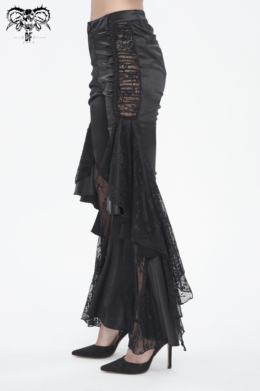 Chic gothic black lace-paneled flared pants with dramatic ruffles for a captivating evening look.