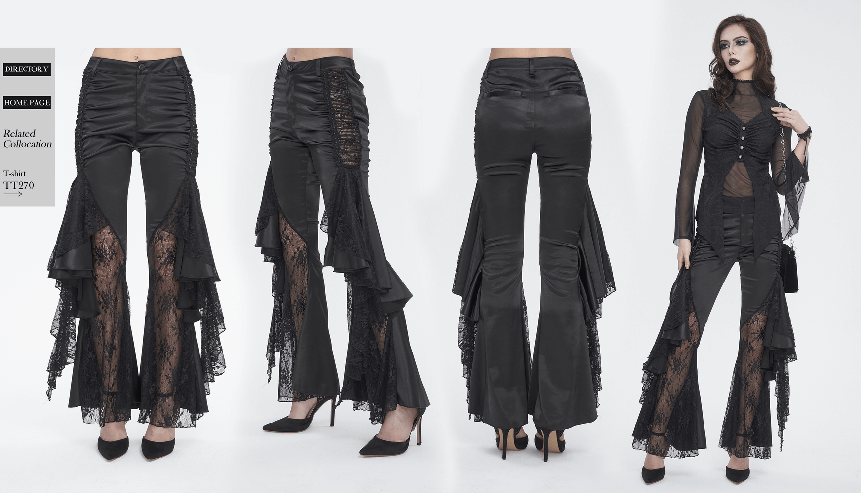 Gothic black lace-paneled flared pants for women with dramatic ruffles and a sleek satin fit.