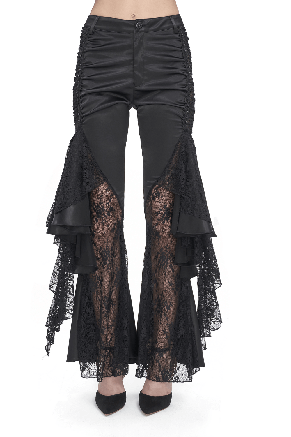 Chic gothic black lace-paneled flared pants featuring dramatic ruffles and a flattering fit for evenings out.