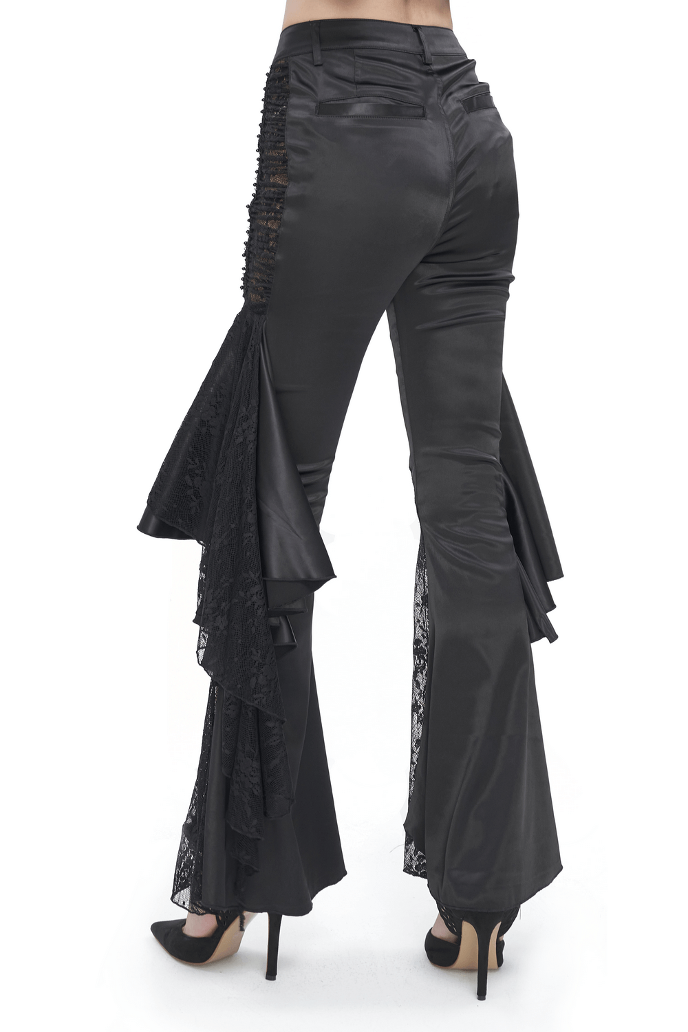 Back view of chic gothic black lace-trimmed flared pants showcasing dramatic cascading ruffles.