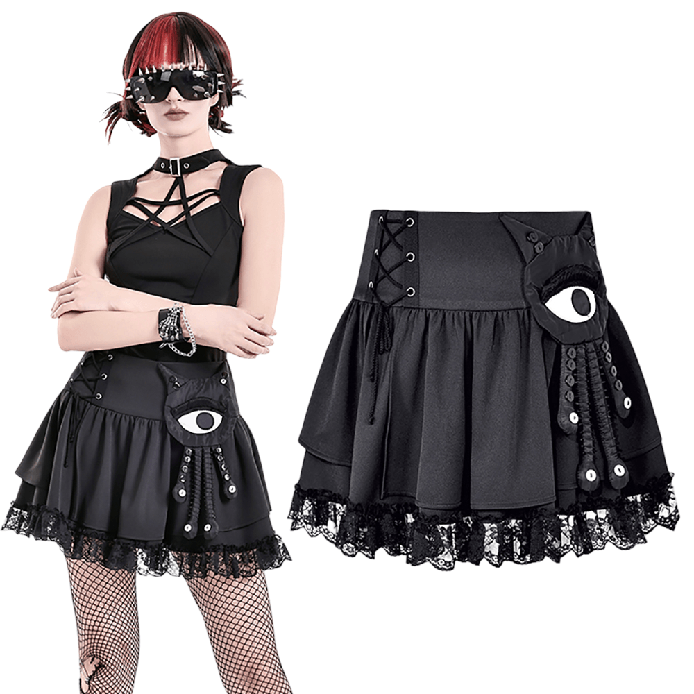 Chic Lace Ruffle Mini Skirt with Creepy Doll Accent