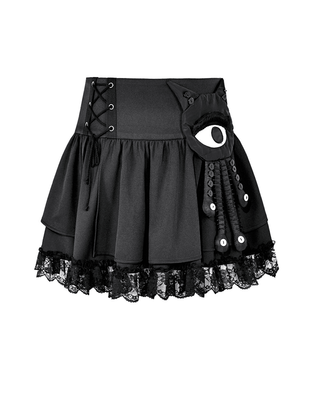 Chic Lace Ruffle Mini Skirt with Creepy Doll Accent