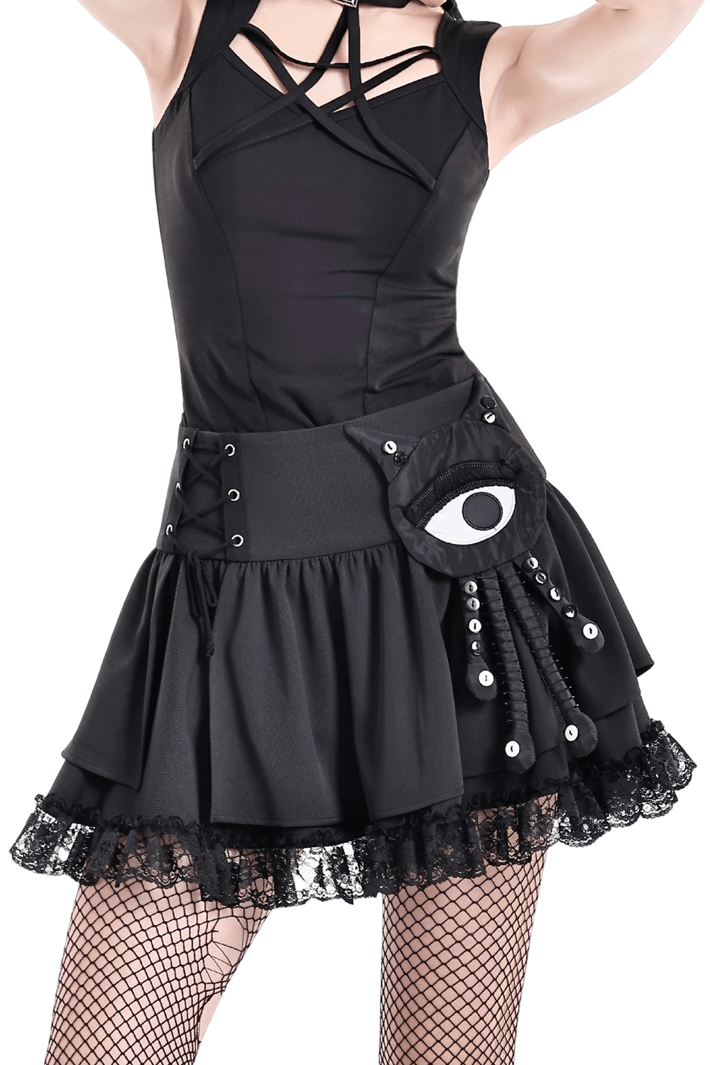 Chic Lace Ruffle Mini Skirt with Creepy Doll Accent