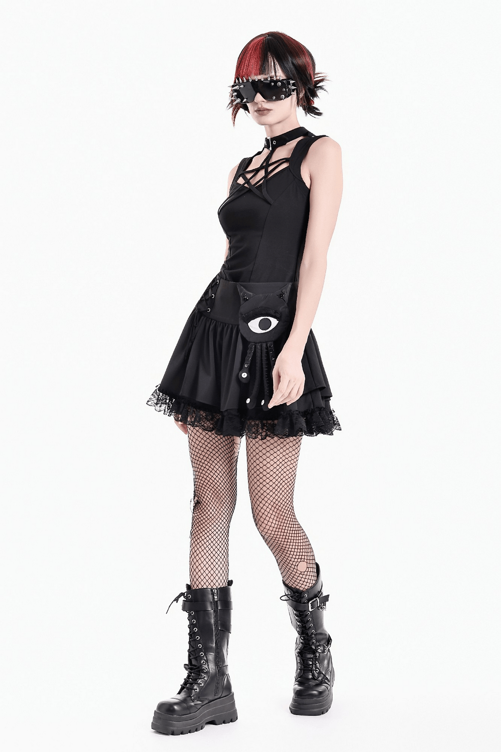 Chic Lace Ruffle Mini Skirt with Creepy Doll Accent