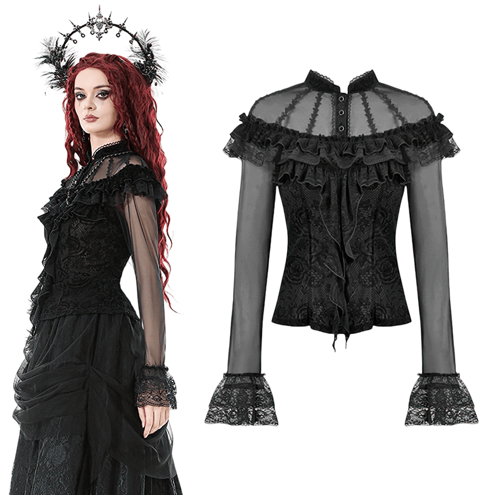 Chic Lace Sheer Top with Ruffled Off Shoulder Design modeled by a woman, featuring elegant ruffles and lace details.