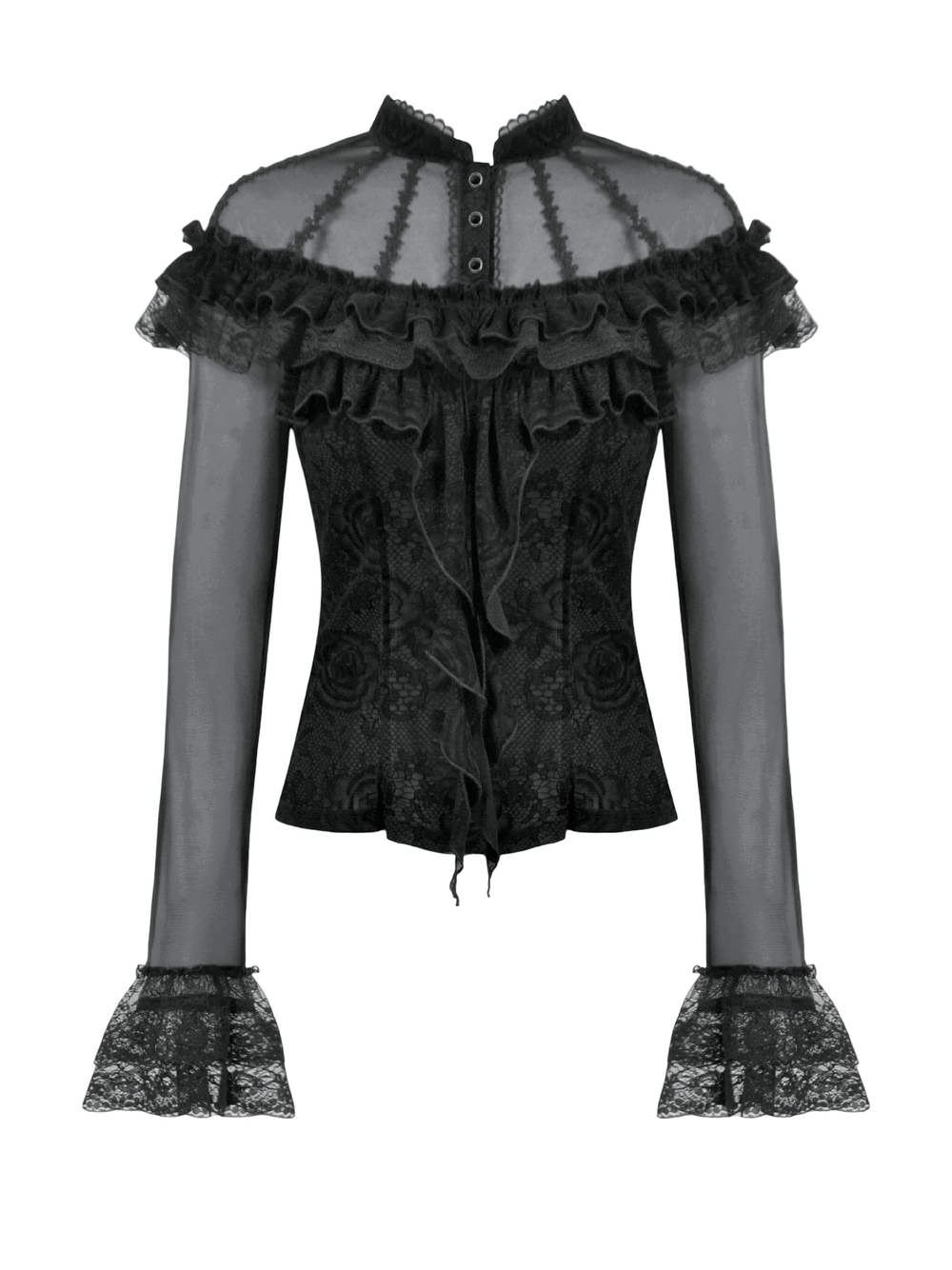 Chic Lace Sheer Top with Ruffled Off Shoulder Design featuring intricate lace details and long sleeves.