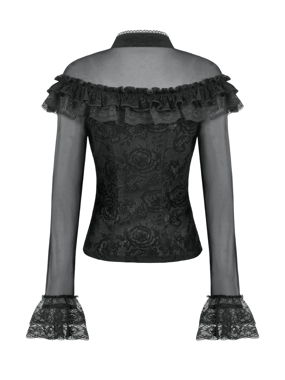 Chic Lace Sheer Top with Ruffled Off Shoulder Design showcasing elegant lace and ruffle detailing.