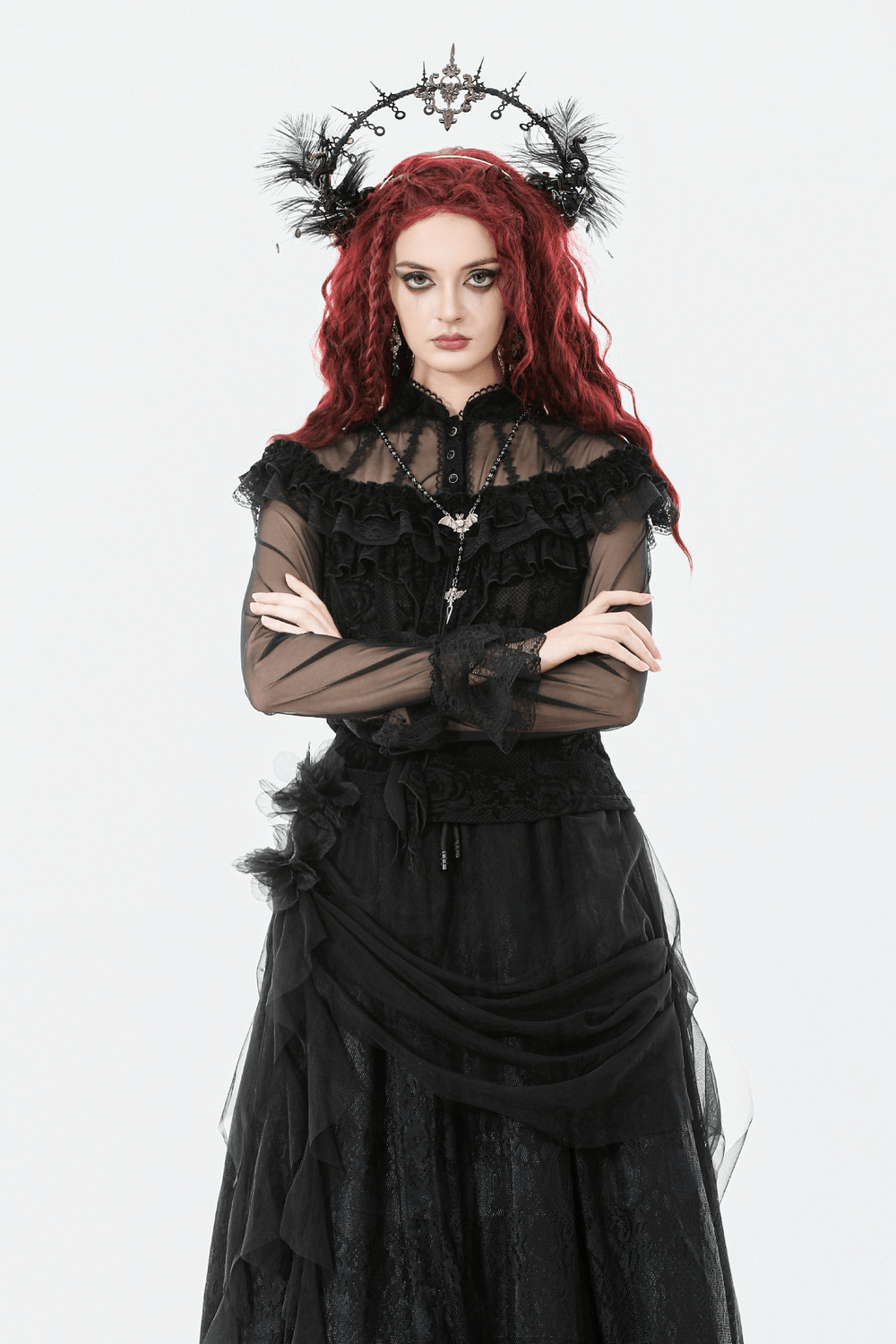 Chic Lace Sheer Top with Ruffled Off Shoulder Design worn by a model with bold red hair and striking accessories.