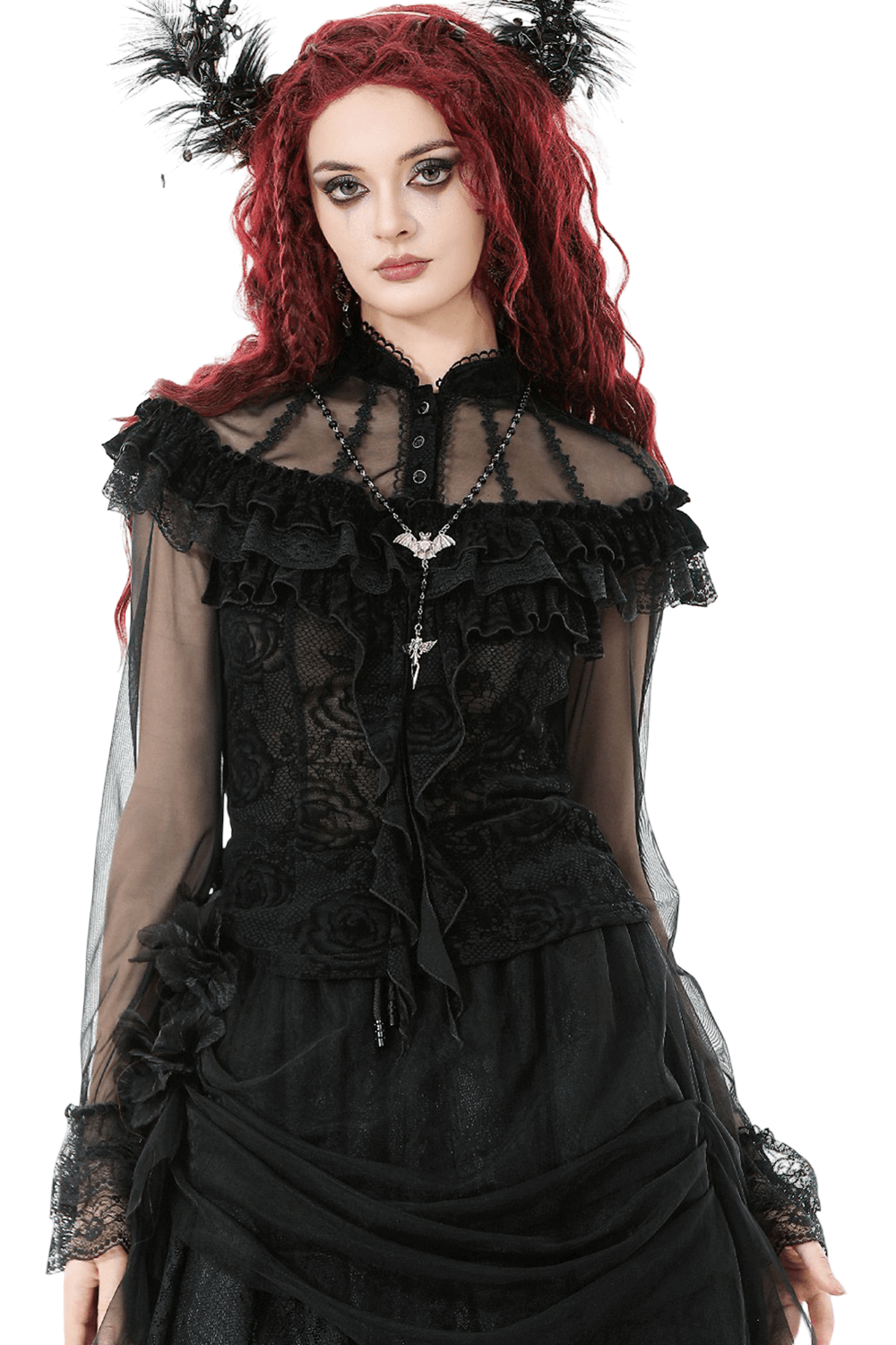 Chic Lace Sheer Top with Ruffled Off Shoulder Design worn by model with red hair and black attire.
