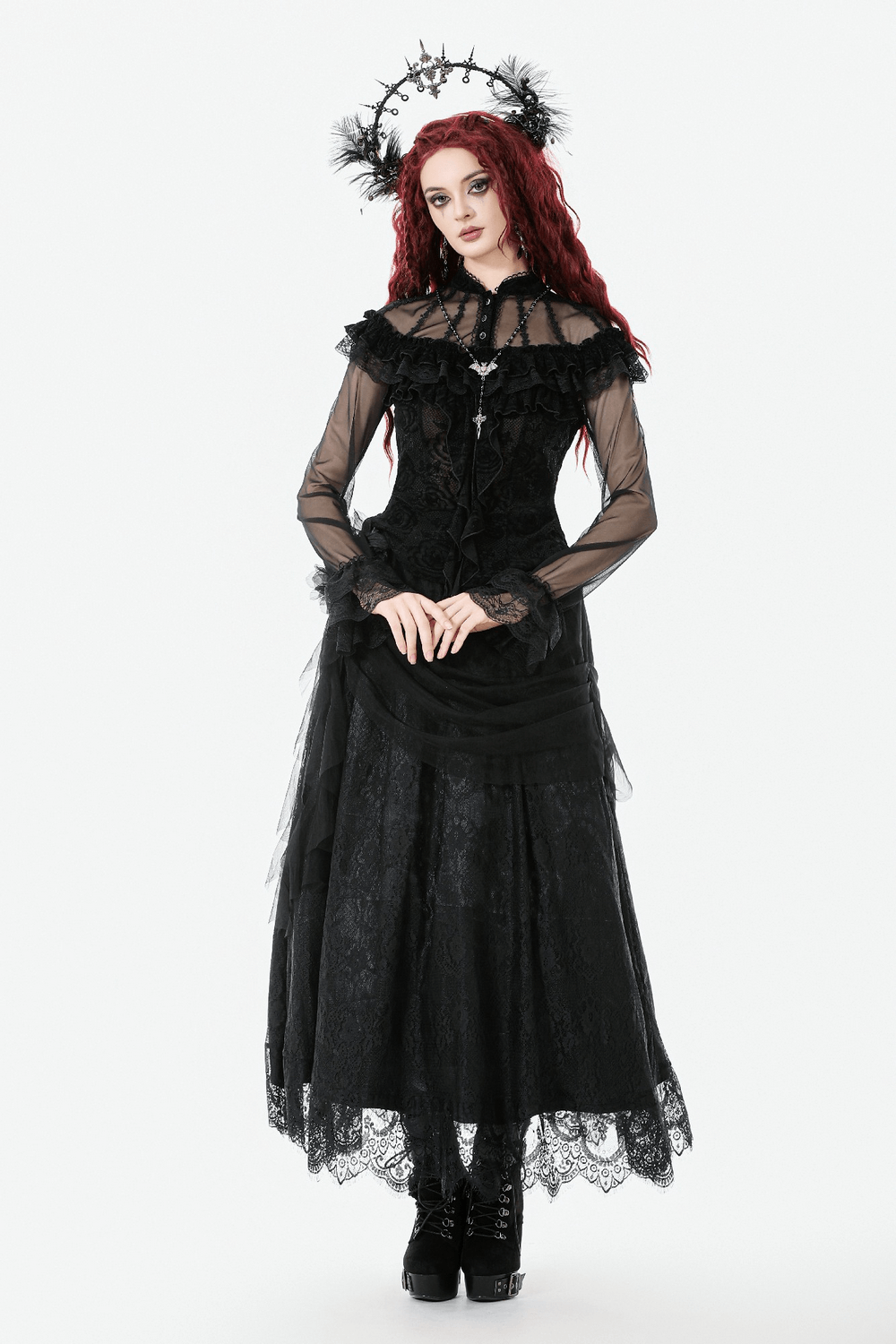 Chic Lace Sheer Top with Ruffled Off Shoulder Design worn by a model in a gothic style, showcasing elegance and sophistication.