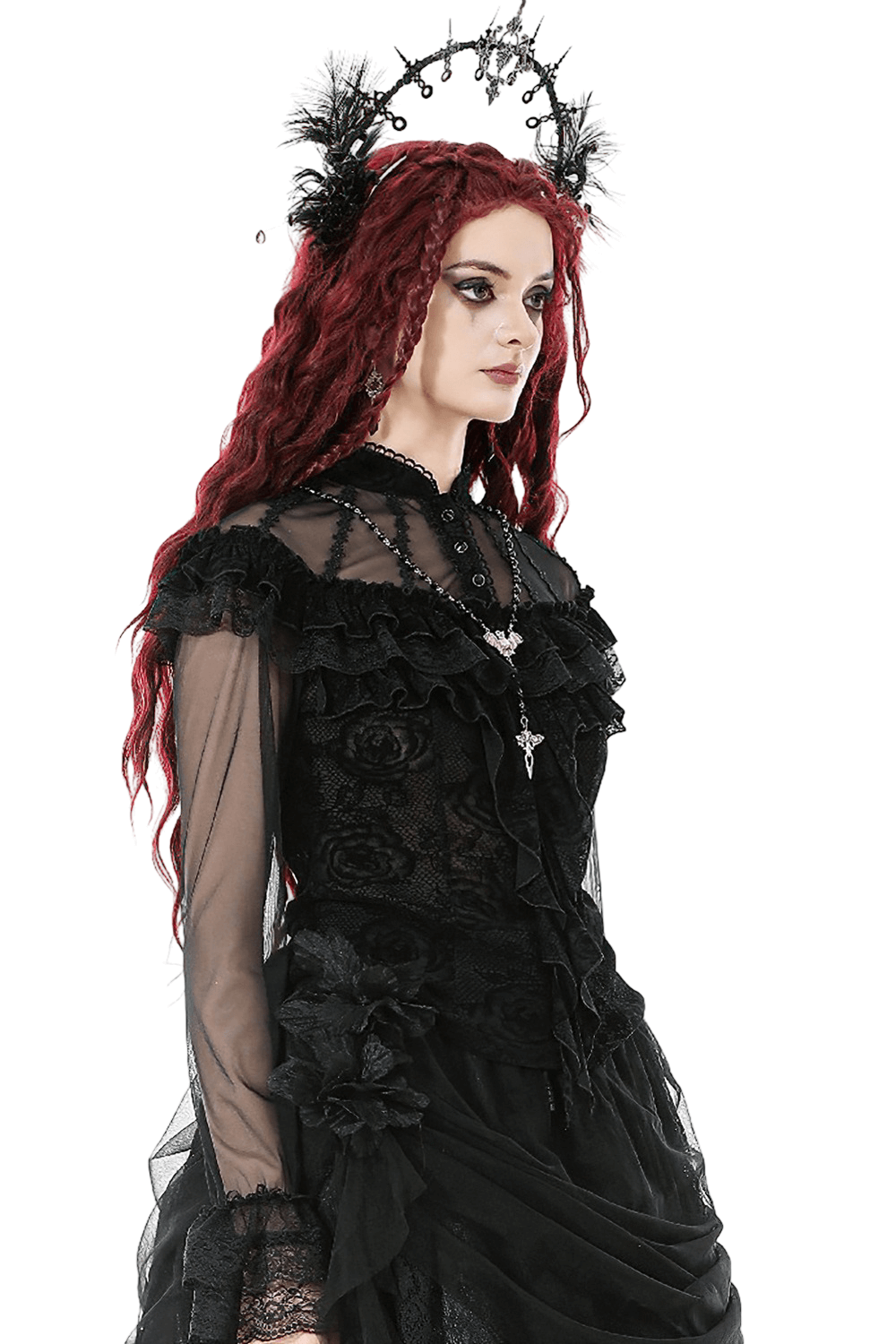 Chic Lace Sheer Top with Ruffled Off Shoulder Design model showcasing elegant black lace and ruffles.